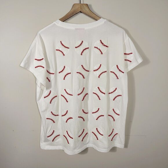 Queen of Sparkles Home Run Baseball Sequin Tee White Top Women’s Size L - Picture 5 of 9